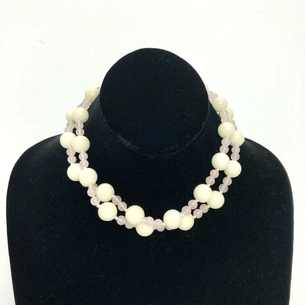 Vintage Cream Jade & Rose Quartz Beaded Necklace - Picture 2 of 4